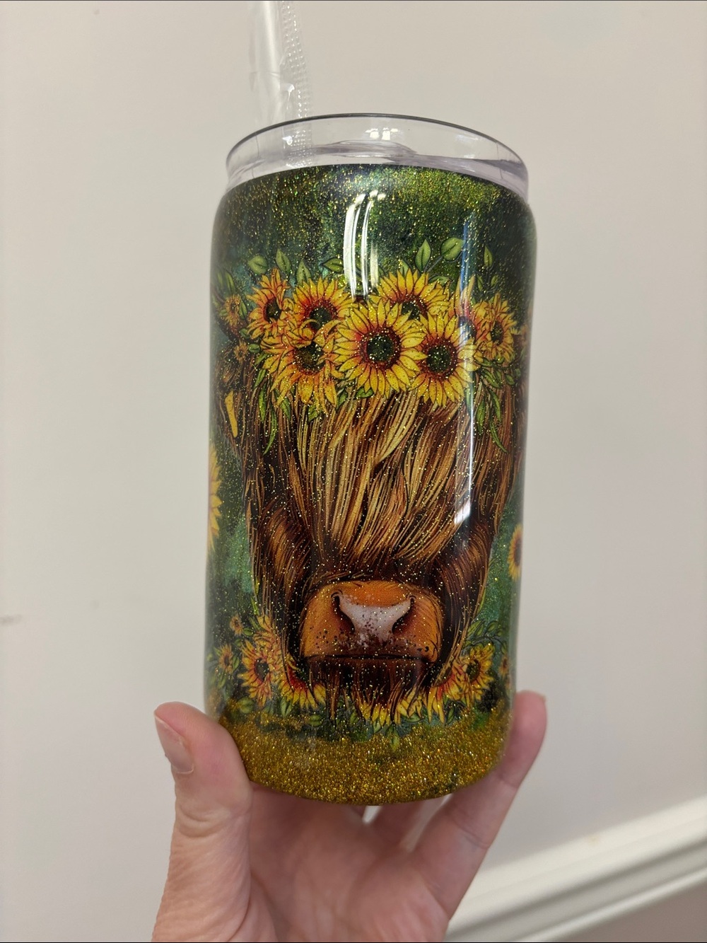 Green Sunflower Highland Cow Glitter Tumbler -